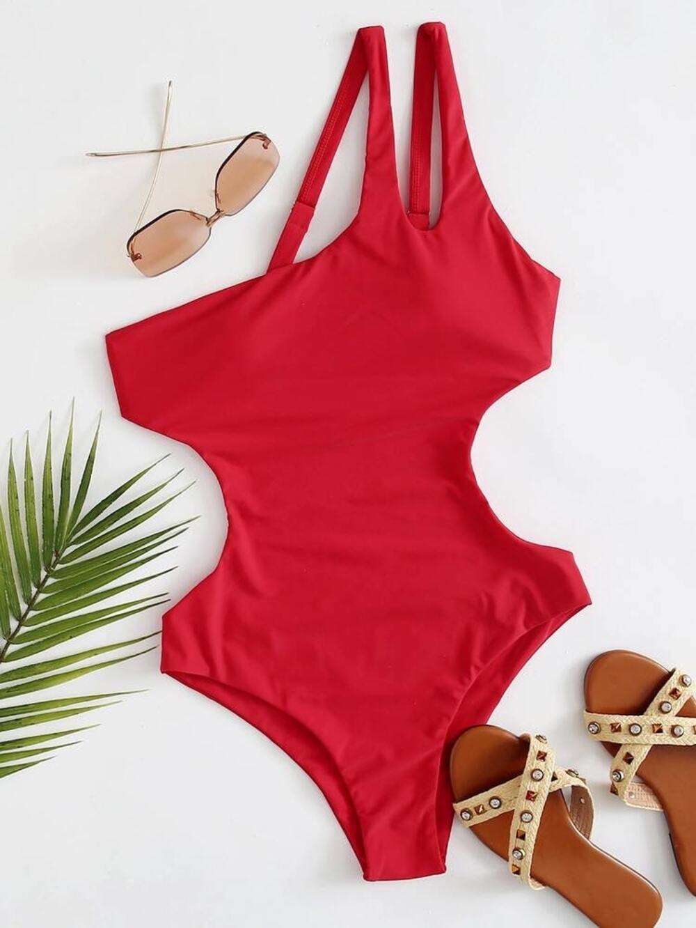 SHEIN Cut Out One Shoulder One Piece Red Swimsuit Medium Swim Baywatch NWOT